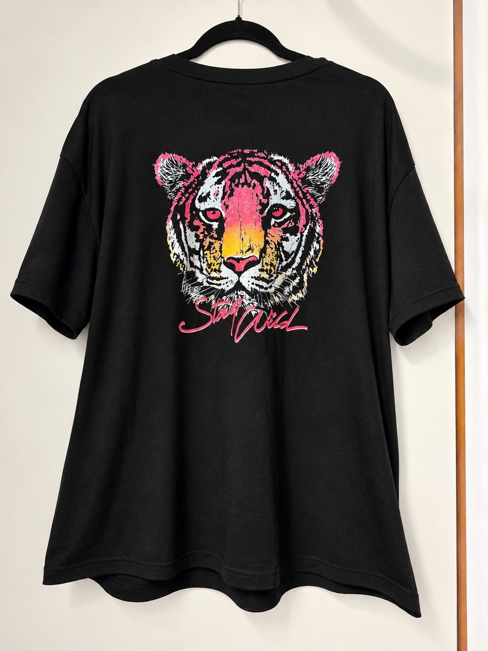 SHEIN Black Tee with Pink and Yellow Tiger Graphic